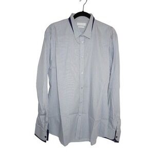 Alexander McQueen Mens Blue White Striped Button Down Shirt Trim 17